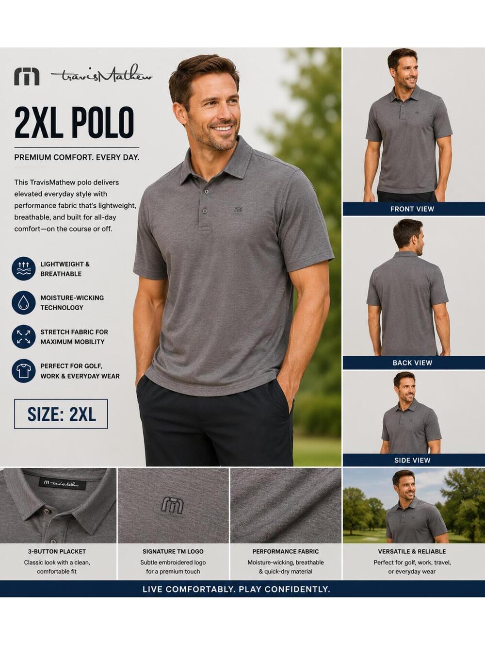 TravisMathew Men’s 2XL Gray Performance Golf Polo Shirt Short Sleeve